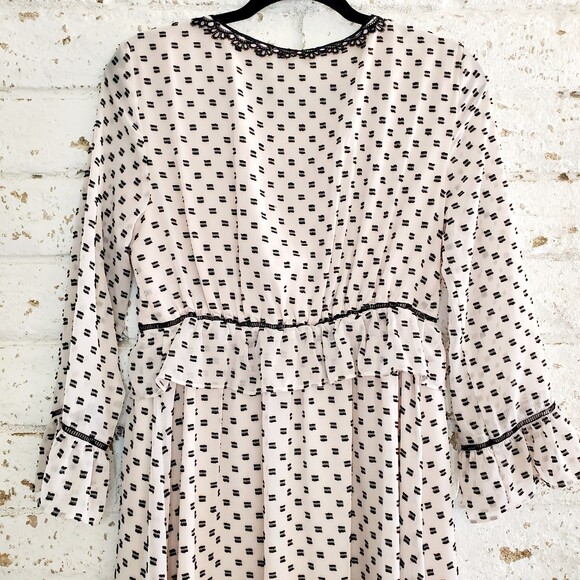 Max Studio Polka Dot Peplum V Neck Ruffle Dress Lace Trim Elastic Waist Sz L - Picture 5 of 13